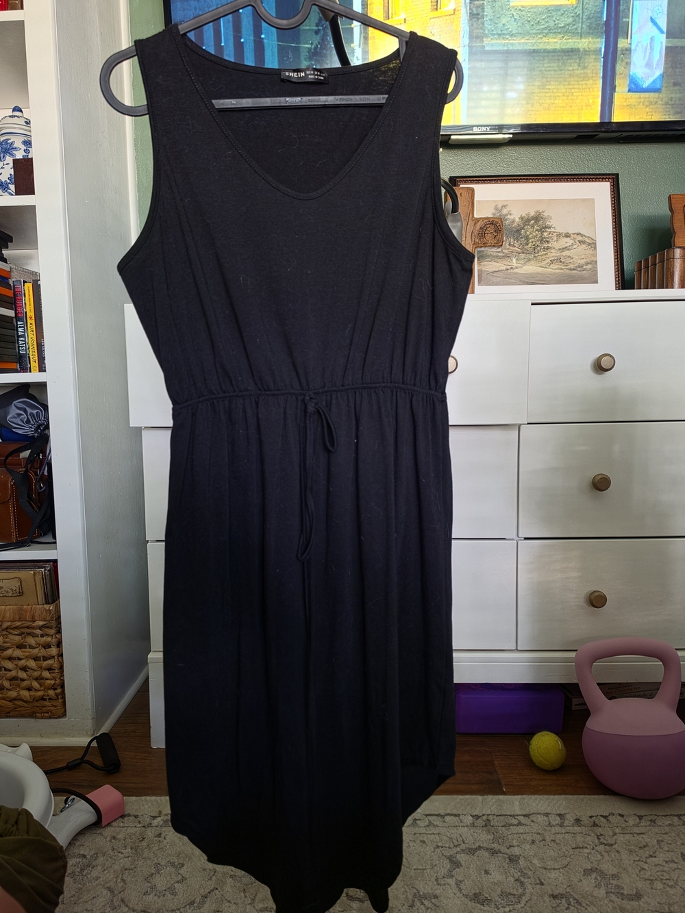 SHEIN Black Sleeveless Drawstring Waist Midi Dress